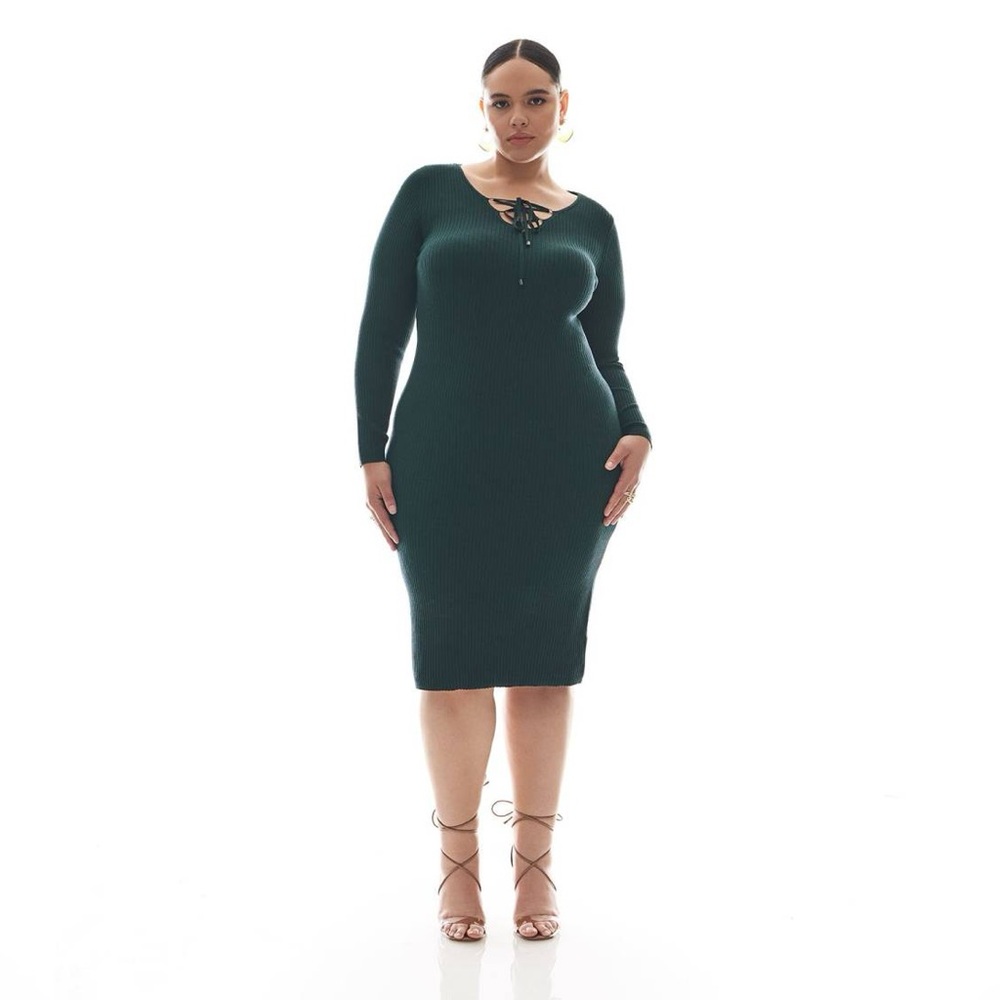 Additional Elle Plus Size Knitted Dark Green Bodycon Dress